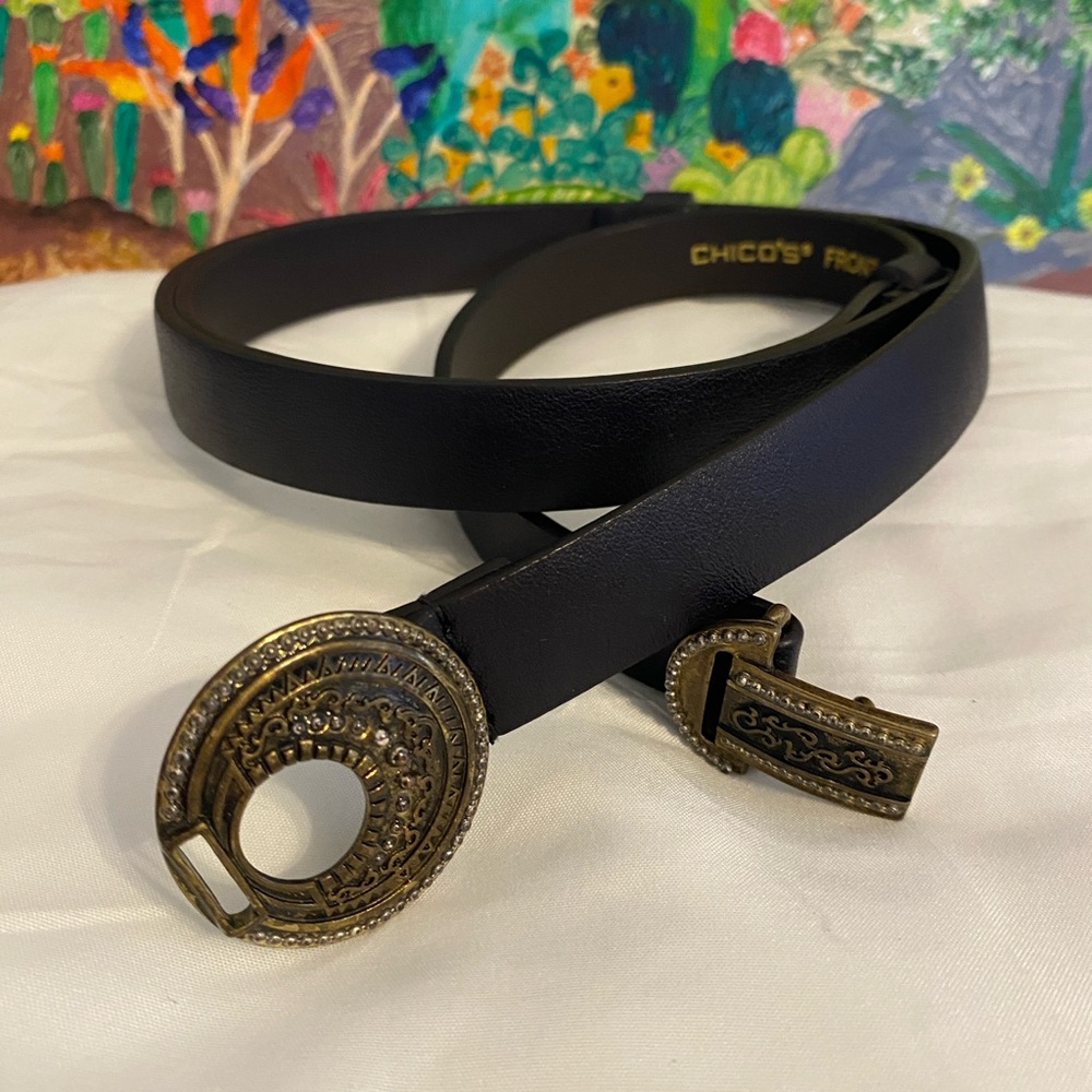 Chico's Black Interlock Leather Belt with Brass Buckle, Adjustable Size, M/L